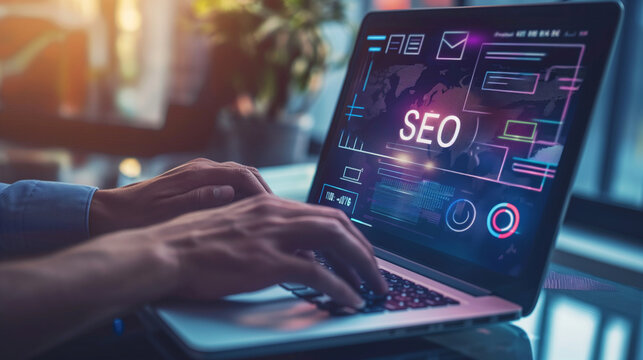 Vibrant scene of a businessman dedicated to SEO analysis on his laptop, enhancing website ranking and traffic, with "SEO" prominently featured on the display