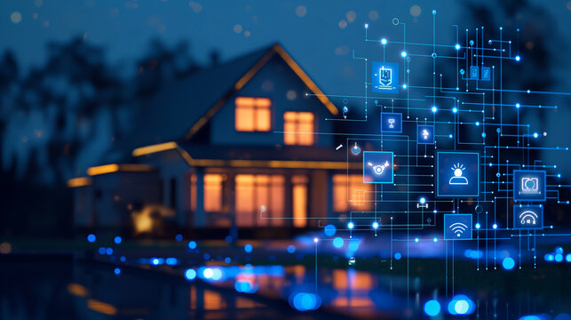 An innovative depiction of smart homes on mobile screens, interconnected with icons of home electronics through IoT, highlighting automation technology