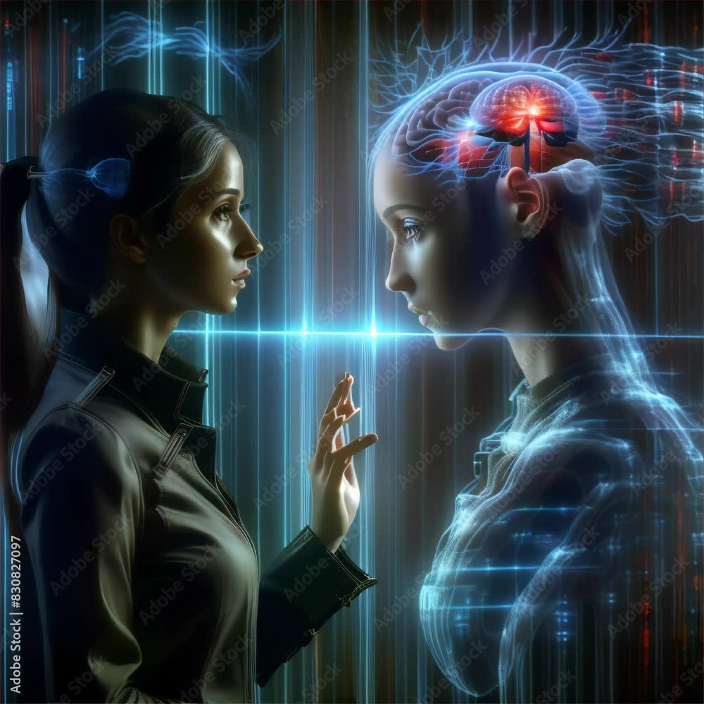 Poster futuristic image of a woman interacting with a digital representation of a brain, symbolizing the in