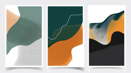 Three abstract vector pieces in jade, amber, and charcoal for a sophisticated aesthetic,