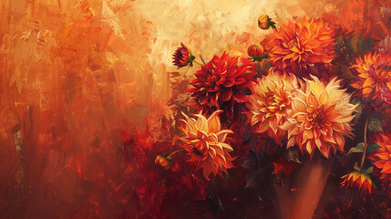 Abstract oil painting of a figure with a bouquet of orange and red autumn dahlias,