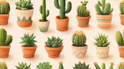A pattern of cacti and succulents in pots, showcasing different shapes and sizes.