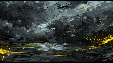 Abstract panorama with dark clouds and flashes of yellow, hand-drawn to capture a summer storm,