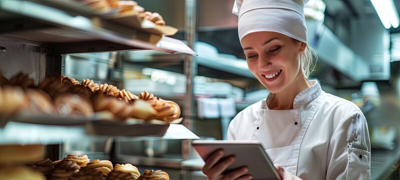 Cheerful female chef blogger, professional baker, looking at digital tablet in commercial kitchen. Portrait of a successful female baker with a digital tablet in a pastry kitchen. 