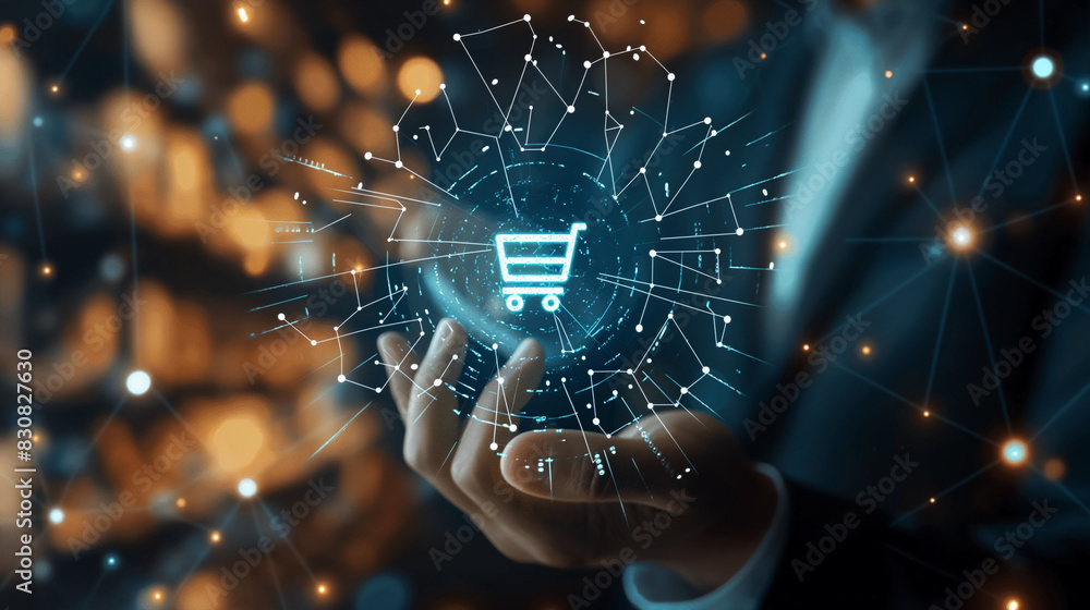 Poster high-tech scene of a businessman touching a virtual graph with a shopping cart icon, symbolizing the