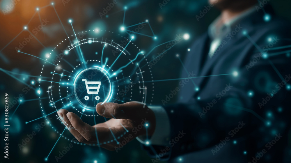 Poster high-tech scene of a businessman touching a virtual graph with a shopping cart icon, symbolizing the