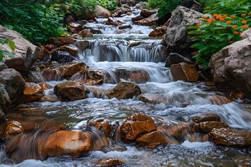 environmental water, water ecosystem,scenic, outdoors, Mountain Stream with Clear Water and Lush Greenery,High resolution image