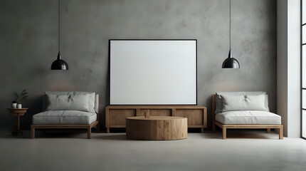 Living room 3D rendering with an empty picture frame, wall lights, and a stunning natural background mockup