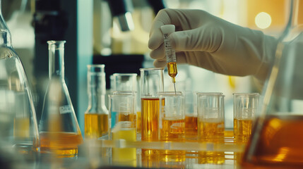 Close-up of researchers in a chemistry laboratory carefully measuring chemical liquids in test tubes, syringes, and glass vials, highlighting meticulous scientific work
