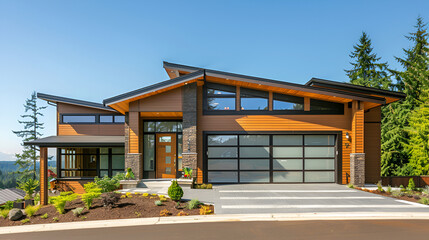 Exterior of modern house with garage and driveway,Luxurious new construction home Modern style home boasts two car garage spaces with glass folding doors illuminated by scones
