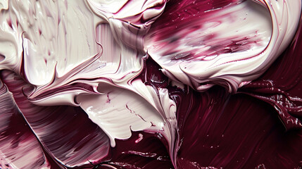 Abstract art in maroon and creamy white, detailed closeup showing palette knife and brushstrokes,