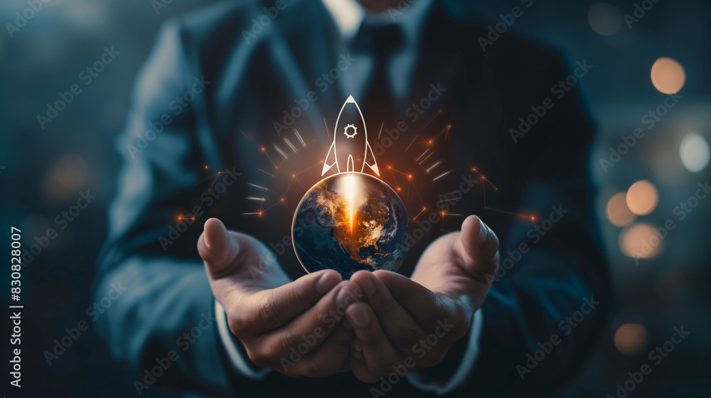 Poster a businessman holding a globe with a rocket icon and an up arrow on a virtual screen, symbolizing a 
