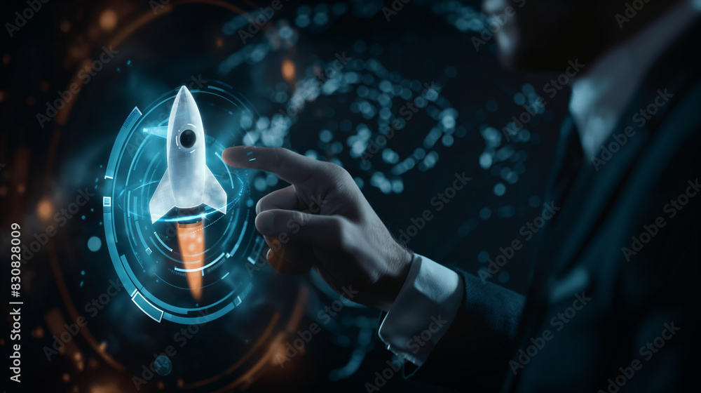 Poster close-up of a businessman showcasing a virtual screen displaying a globe with a rocket icon and an u