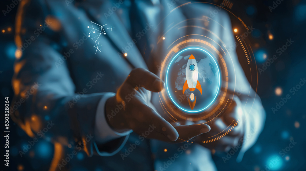 Poster close-up of a businessman showcasing a virtual screen displaying a globe with a rocket icon and an u