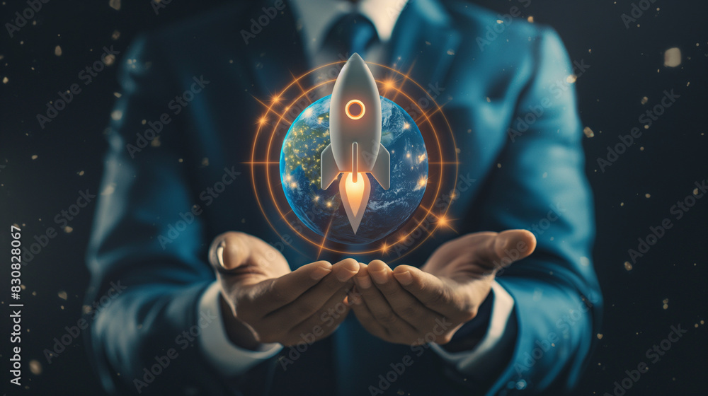 Poster a businessman holding a globe with a rocket icon and an up arrow on a virtual screen, symbolizing a 