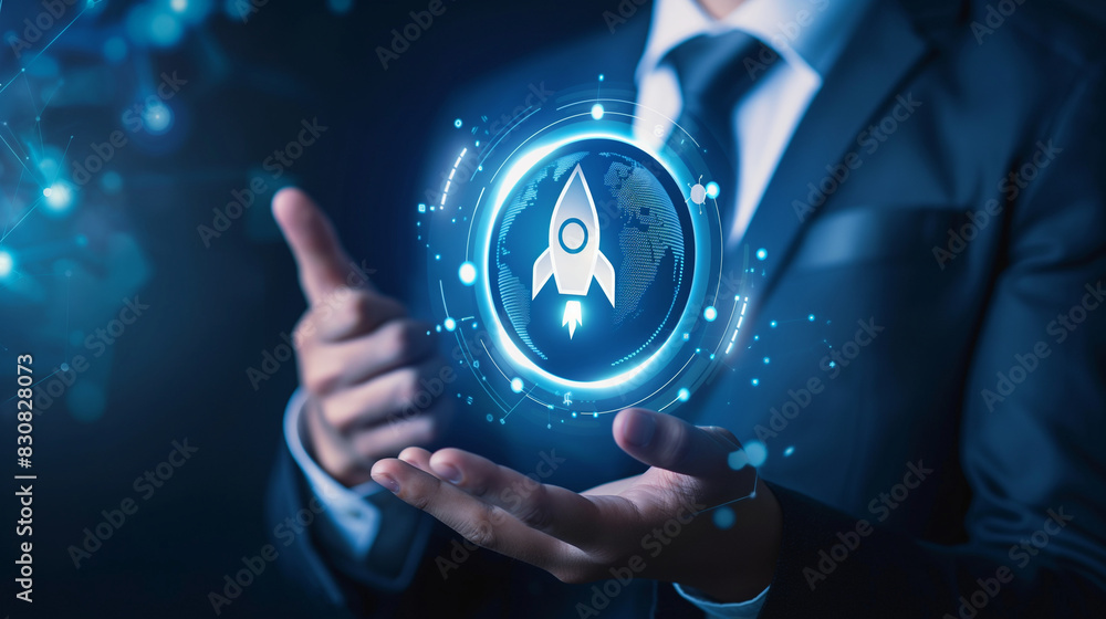 Poster high-tech scene of a businessman holding a globe with a rocket icon and an up arrow on a virtual scr