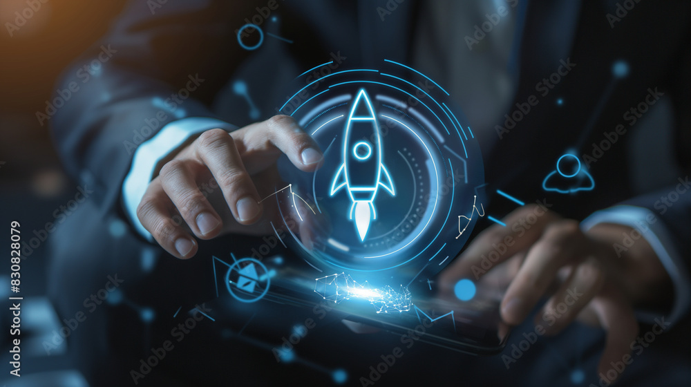Poster close-up of a businessman interacting with a virtual screen showing a globe with a rocket icon and a