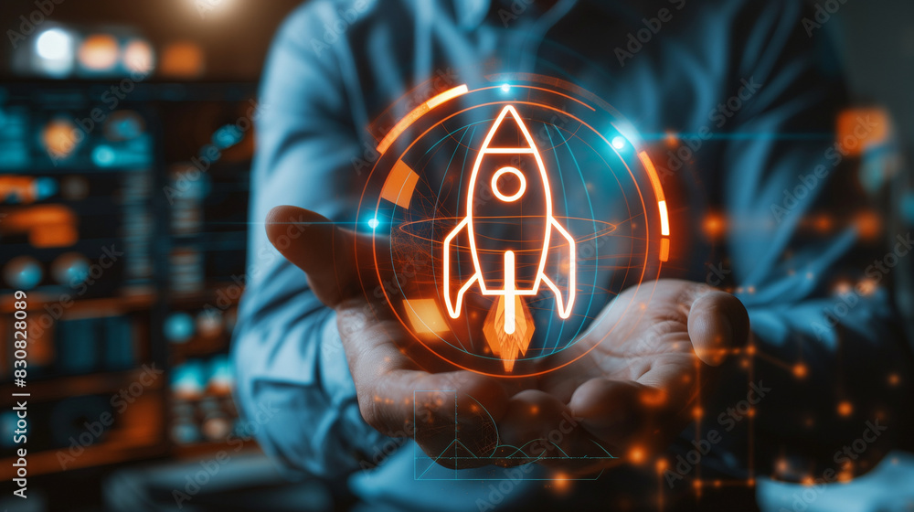 Poster high-tech scene of a businessman holding a globe with a rocket icon and an up arrow on a virtual scr