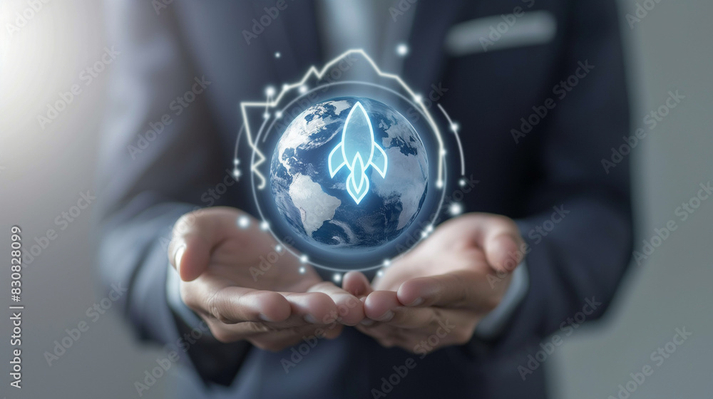 Poster a dynamic depiction of a businessman holding a globe with a rocket icon and an up arrow on a virtual