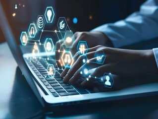 Woman hands typing in laptop, glowing medical icons and AI diagnosis 