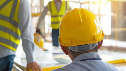 An on-site meeting between a real estate investor and a civil engineer, surrounded by construction activity, focusing on the progress and plans of an apartment complex project