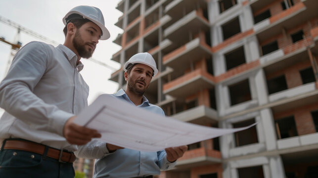 Close-up of a civil engineer showing a real estate investor the construction plans at the site of an apartment complex, highlighting their discussion on the project's progress