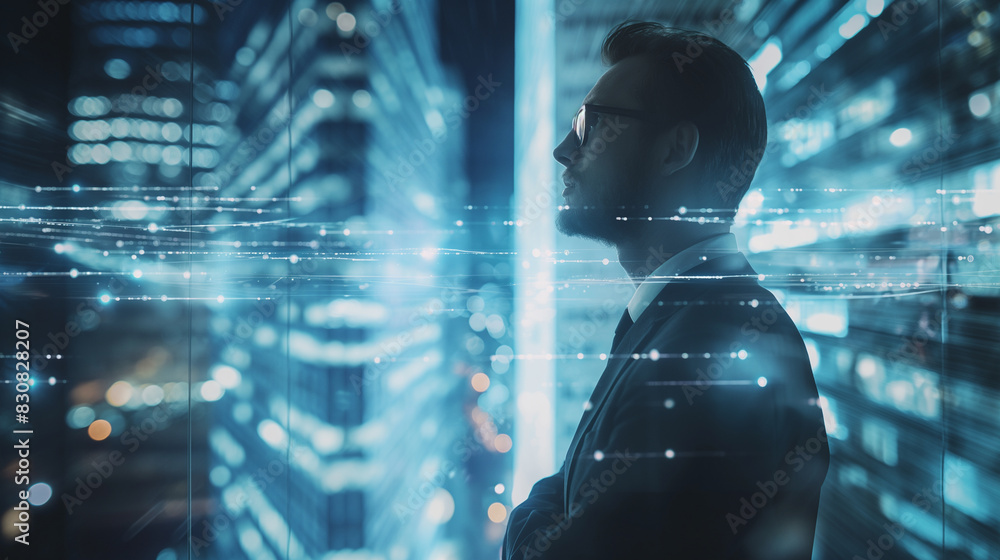 Poster high-tech scene of a businessman connecting to cloud erp to access hr management, showcasing the sea