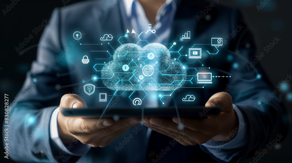 Poster detailed illustration of a businessman connecting data with cloud computing for hr management access