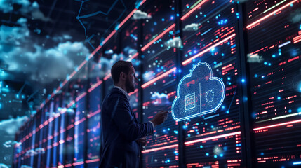 Naklejka premium High-tech scene of a businessman connecting to cloud ERP to access HR management, showcasing the seamless integration of cloud computing for business resource planning