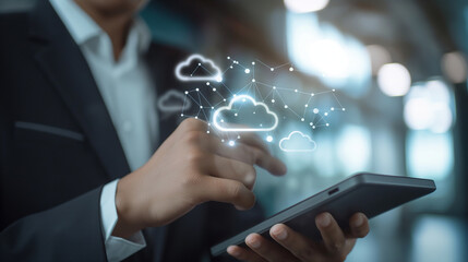 A businessman accessing HR management data through cloud ERP, demonstrating the convenience and flexibility of cloud computing in enterprise resource planning