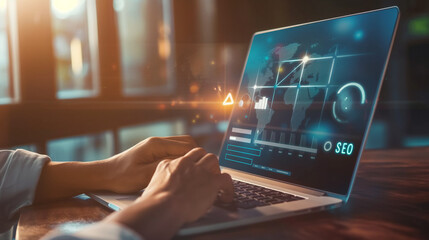 A businessman using a laptop to analyze SEO metrics, focusing on promoting website ranking and optimizing traffic, with the inscription "SEO" displayed prominently