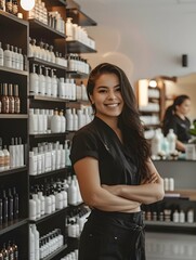 Welcoming Beauty Salon Owner in Modern Store with Haircare Products on Shelves