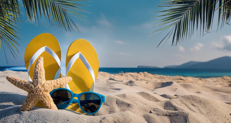 Fondo de playa de verano. Accesorios de playa: gafas de sol, estrella de mar, sandalias amarillas,...