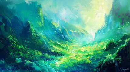 Colorful oil painting of a fantastical valley with abstract features in lush emerald and bright aqua,