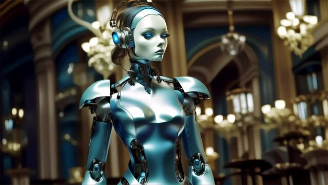 A futuristic female android stands in an opulent interior, featuring ornate chandeliers and elegant decor. The scene blends advanced technology with luxurious aesthetics, highlighting sophistication