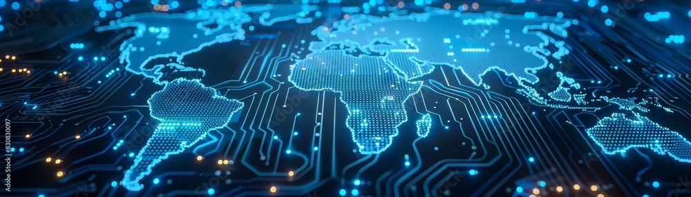 Poster abstract blue tech background with glowing light spots evokes a digital circuit board or global netw