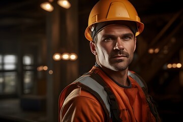 Fototapeta premium A construction worker in an orange hard hat and safety vest stands indoors with a focused expression, in a construction setting with blurred elements