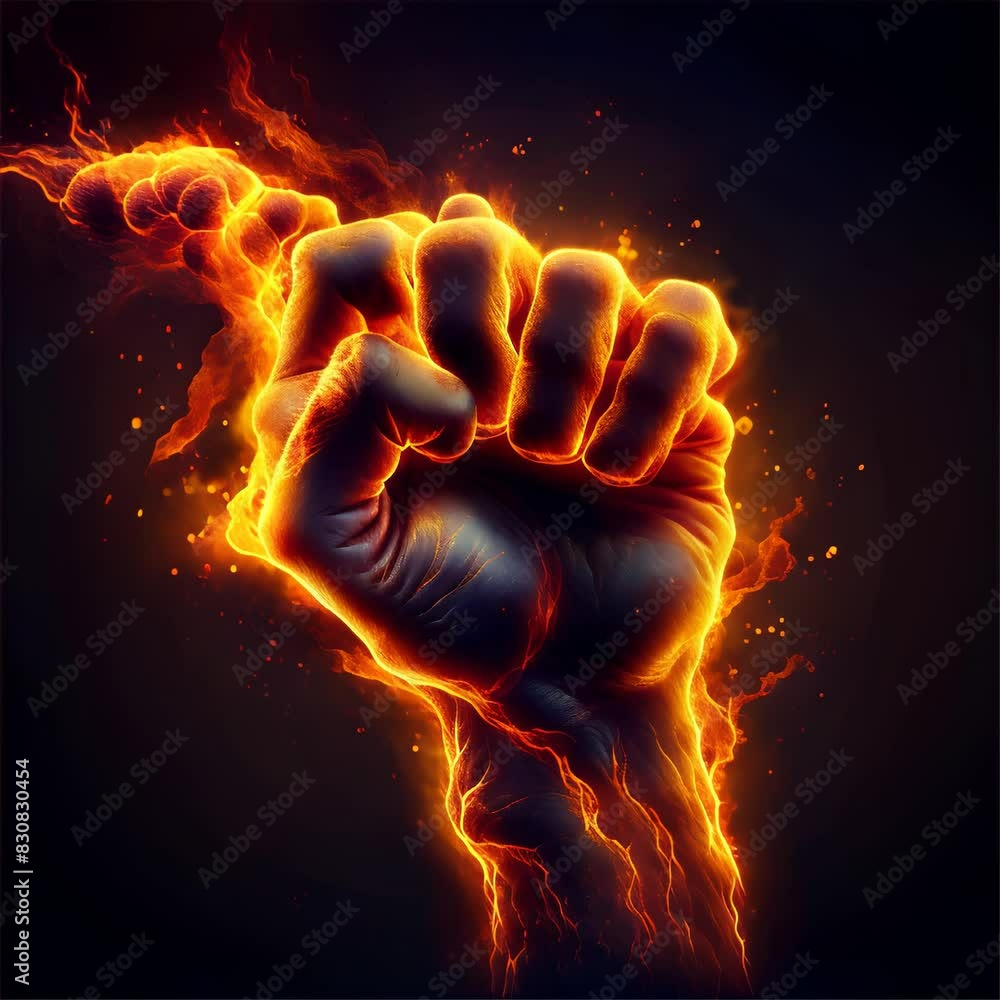 Poster intense digital artwork of a flaming fist symbolizing power and determination. the bright flames and