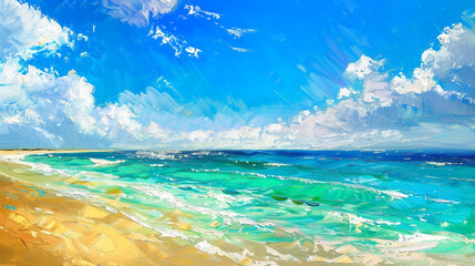 Impressionist oil painting of a summer coastal landscape with turquoise waters, sandy beaches, and an azure sky,