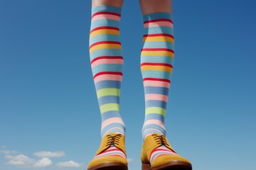 Person wearing colorful striped socks and bright yellow shoes against a clear blue sky with white clouds, emphasizing a playful and whimsical fashion style

Playful fashion, colorful striped socks, ye
