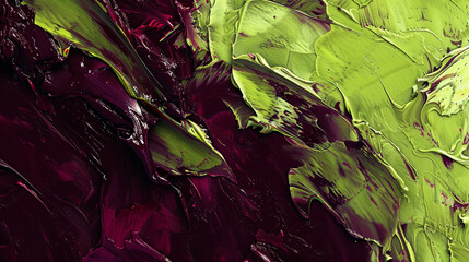 Intense brushwork in textured abstract art, featuring lime green and deep burgundy shades,