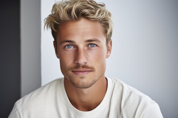Fototapeta premium Portrait of handsome young man in white t-shirt looking at camera