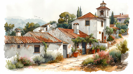 Fototapeta premium Village With Church Watercolor Painting