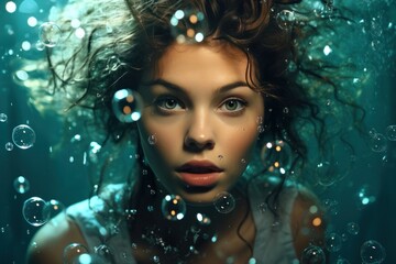 Beautiful young woman in underwater with bubbles. Beauty, fashion.