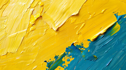 Vivid and rough brush and knife work in a sunny yellow and deep sea blue abstract painting closeup,