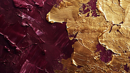 Luxurious abstract with textured canvas and smears of gold and burgundy oil paint,