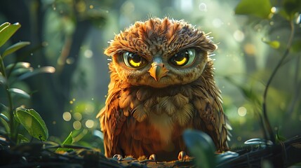 Brown Chibi Big-Eyed Eagle with angry face in Lush Rainbow Forest Setting