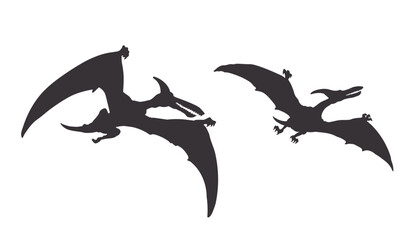 Pterodactyl isolated silhouette. Dinosaur drawing. Black image of jurassic animals. Prehistoric flying reptile. Gigantic monster icon