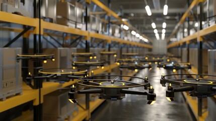 A fleet of autonomous drones managing logistics in an American distribution center, in a futuristic, efficient style. --ar 16:9 --style raw Job ID: 9f96f525-6b9f-4eb7-9988-12f251dd2ee3