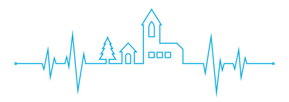 Vector a heartbeat line with a church and trees on a white background.